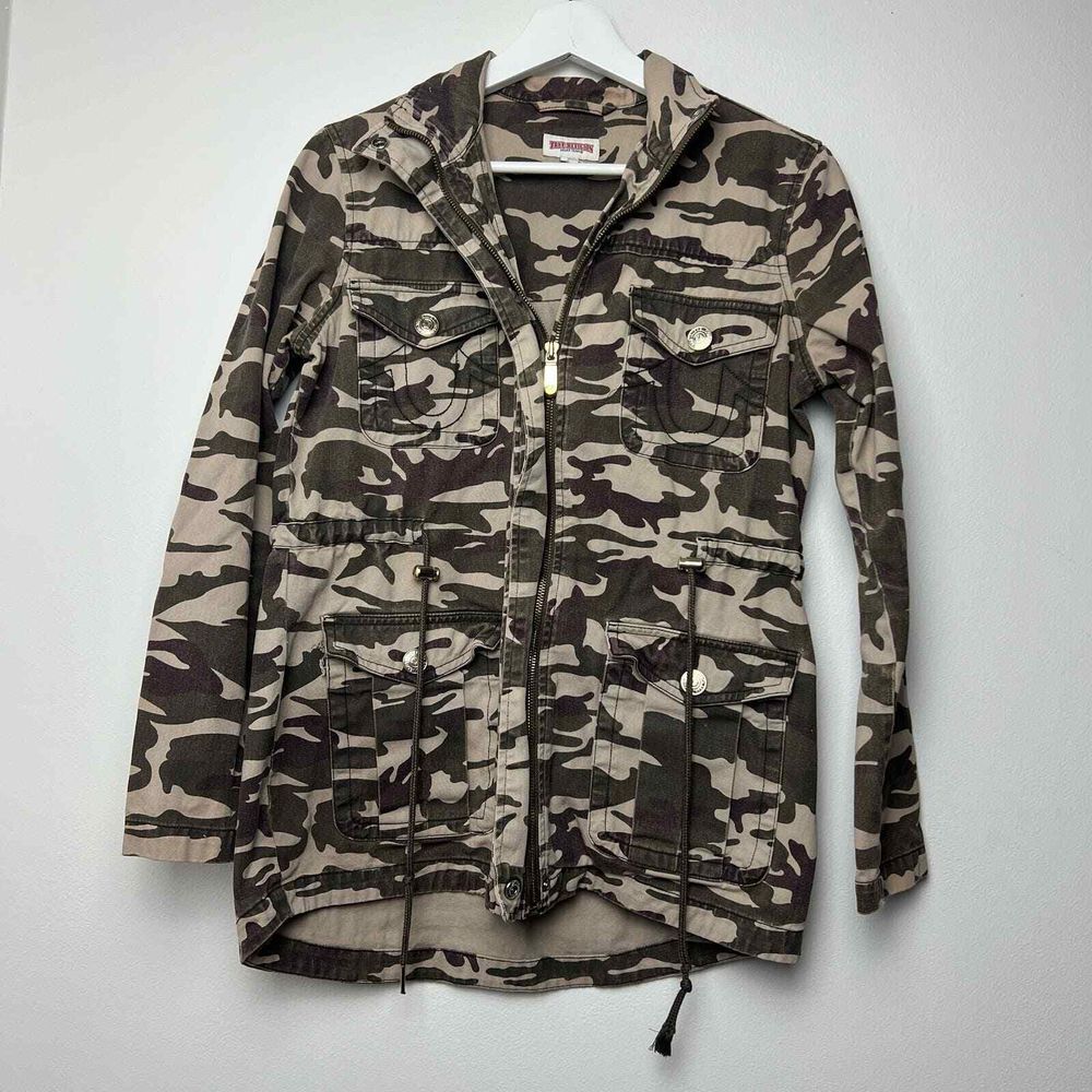 True Religion Camo Military Cargo Jacket‎ Brown Zip Front Size XS